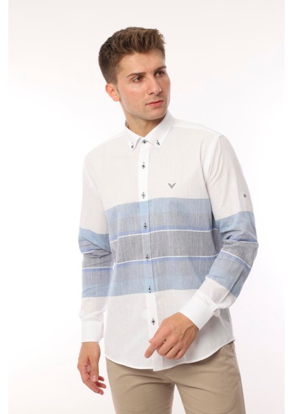 Slim Fit Uzun Kol Panolu Keten Hediye Kutulu Kolay Ütülenebilir Erkek Gömlek(A.18) - Lacivert fırsatları