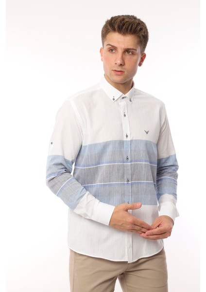 Slim Fit Uzun Kol Panolu Keten Hediye Kutulu Kolay Ütülenebilir Erkek Gömlek(A.18) - Lacivert indirimleri