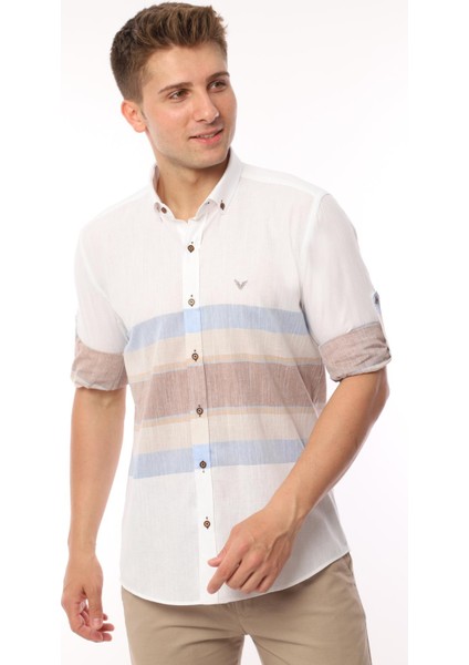 Slim Fit Uzun Kol Panolu Keten Hediye Kutulu Kolay Ütülenebilir Erkek Gömlek(A.18) - Bej