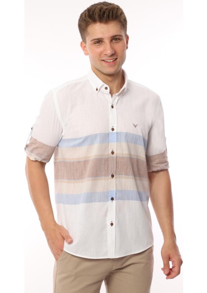 Slim Fit Uzun Kol Panolu Keten Hediye Kutulu Kolay Ütülenebilir Erkek Gömlek(A.18) - Bej fiyatları