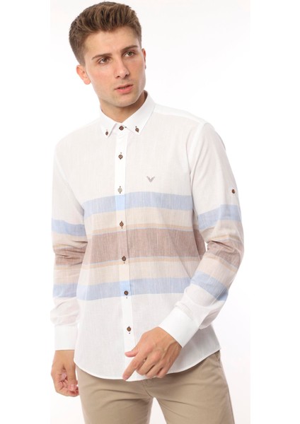 Slim Fit Uzun Kol Panolu Keten Hediye Kutulu Kolay Ütülenebilir Erkek Gömlek(A.18) - Bej fırsatları