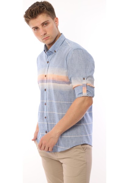 Slim Fit Uzun Kol Panolu Keten Hediye Kutulu Kolay Ütülenebilir Erkek Gömlek(A.34) - Turuncu fiyatları