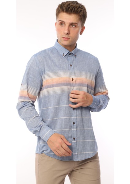 Slim Fit Uzun Kol Panolu Keten Hediye Kutulu Kolay Ütülenebilir Erkek Gömlek(A.34) - Turuncu fırsatları