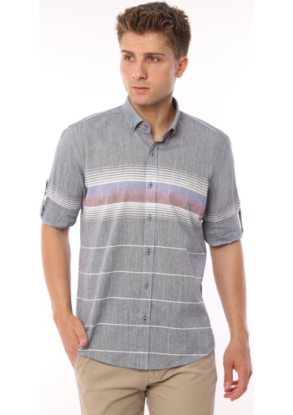 Slim Fit Uzun Kol Panolu Keten Hediye Kutulu Kolay Ütülenebilir Erkek Gömlek(A.34) - Lacivert