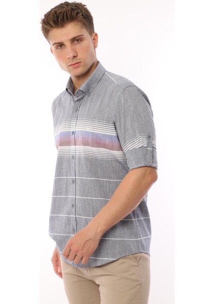 Slim Fit Uzun Kol Panolu Keten Hediye Kutulu Kolay Ütülenebilir Erkek Gömlek(A.34) - Lacivert fiyatları