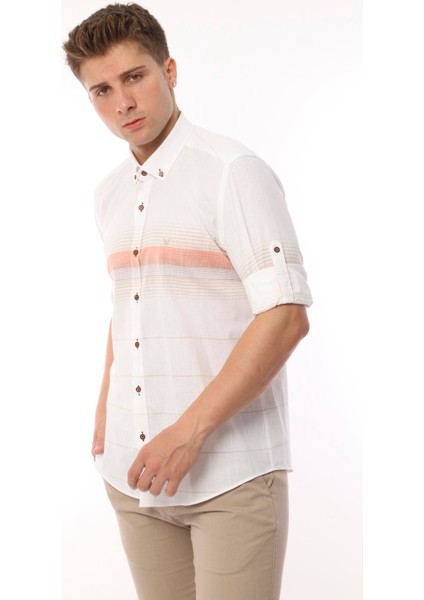 Slim Fit Uzun Kol Panolu Keten Hediye Kutulu Kolay Ütülenebilir Erkek Gömlek(A.34) - Bej fiyatları