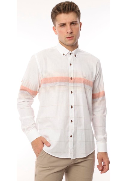 Slim Fit Uzun Kol Panolu Keten Hediye Kutulu Kolay Ütülenebilir Erkek Gömlek(A.34) - Bej fırsatları