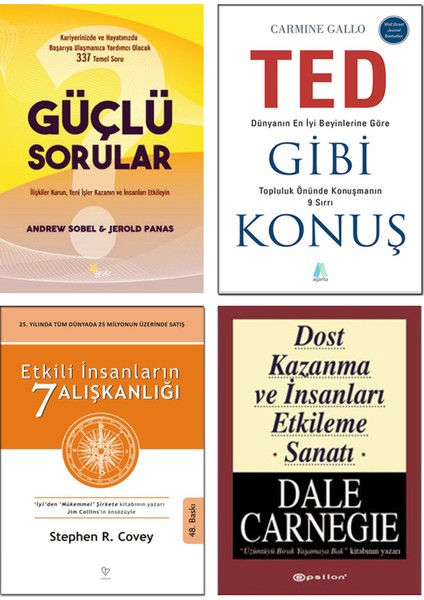 Güçlü Sorular - Ted Gibi Konuş - Etkili Insanların 7 Alışkanlığı - Dost Kazanma ve Insanları Etkileme Sanatı  4 Kitap Gelişim Seti