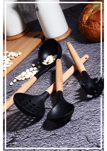 Bambu Saplı Silikon Kaşık & Kepçe & Kevgir & Spagetti 4'Lü Set - Siyah