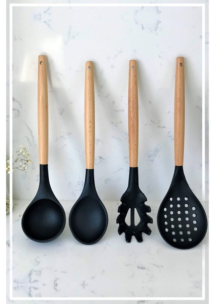 Bambu Saplı Silikon Kaşık & Kepçe & Kevgir & Spagetti 4'Lü Set - Siyah fiyatları