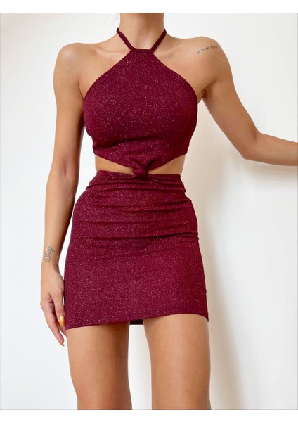 Bordo Halter Yaka Bağlama Detaylı Slim Mini Elbise fiyatları