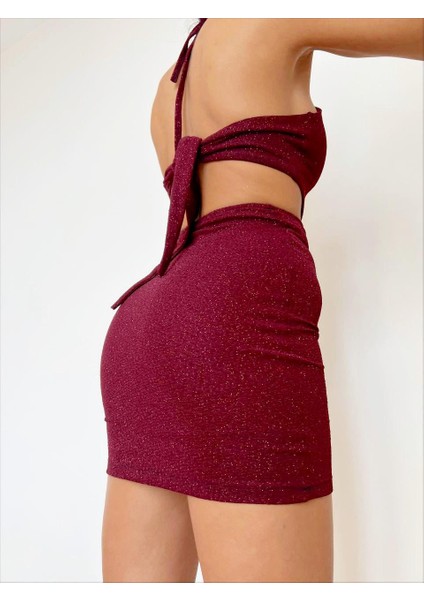 Bordo Halter Yaka Bağlama Detaylı Slim Mini Elbise