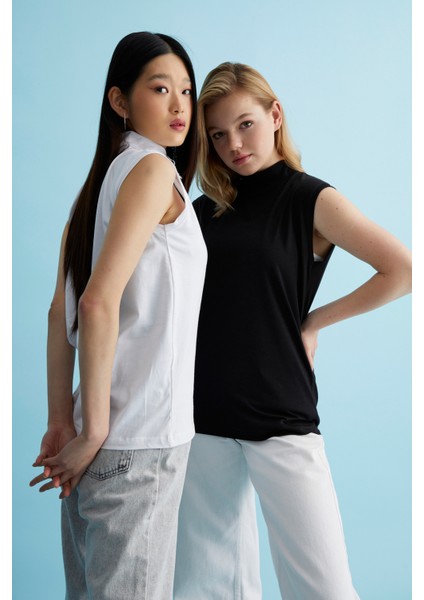 2’li Paket Balıkçı Yaka Kolsuz Bluz Seti - Siyah ve Beyaz