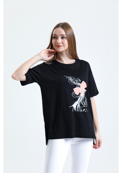 Siyah Kısa Kollu Pamuk Penye Tişört Bluz Rahat Kesim Baskılı Dökümlü Yazlık