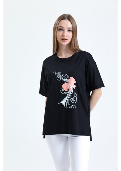 Siyah Kısa Kollu Pamuk Penye Tişört Bluz Rahat Kesim Baskılı Dökümlü Yazlık fiyatları