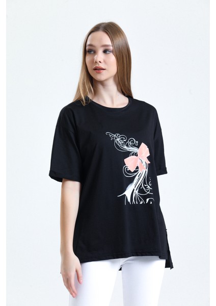 Siyah Kısa Kollu Pamuk Penye Tişört Bluz Rahat Kesim Baskılı Dökümlü Yazlık modelleri