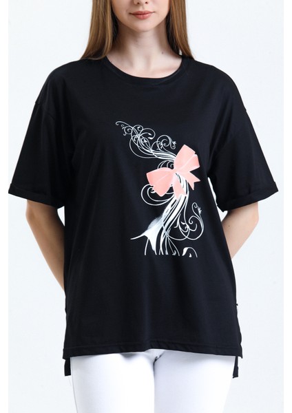 Siyah Kısa Kollu Pamuk Penye Tişört Bluz Rahat Kesim Baskılı Dökümlü Yazlık indirimleri