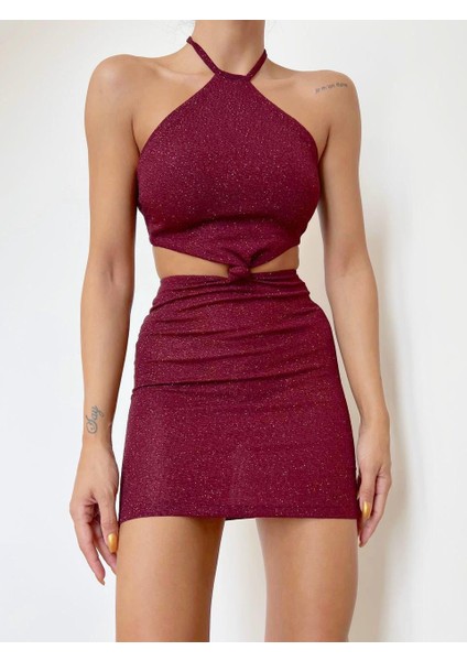 Bordo Halter Yaka Bağlama Detaylı Slim Mini Elbise fırsatları