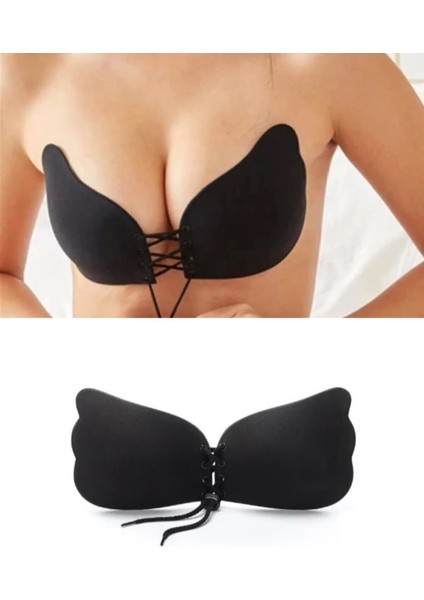 Askısız Kelebek Sütyen - Siyah Dolgun Gösteren Dikişsiz Silikonlu