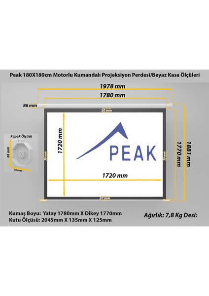 M70 180X180cm(70İnch) Motorlu Kumandalı Projeksiyon Perdesi-Beyaz Kasa