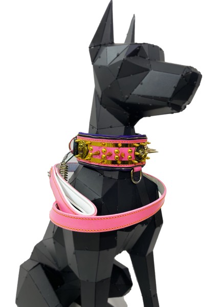 Pembe Özel Tasarım Köpek Boyun Tasması Gezdirme Tasması 2'li Set