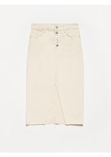 80549 Önü Düğmeli Denim Etek-Ekru