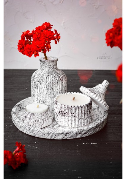 5 Parça Mermer Desen Dekoratif Beton Vazo ve Vanilya Kokulu Soya Wax Mumluk Takımı