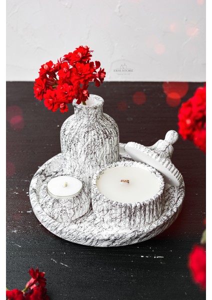 5 Parça Mermer Desen Dekoratif Beton Vazo ve Vanilya Kokulu Soya Wax Mumluk Takımı