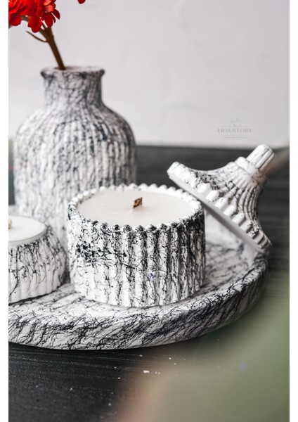 5 Parça Mermer Desen Dekoratif Beton Vazo ve Vanilya Kokulu Soya Wax Mumluk Takımı