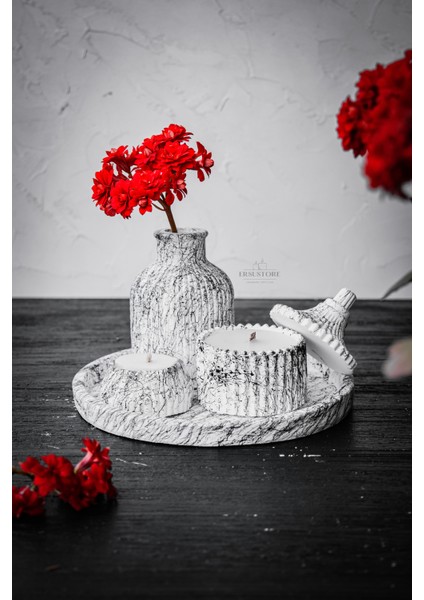5 Parça Mermer Desen Dekoratif Beton Vazo ve Vanilya Kokulu Soya Wax Mumluk Takımı