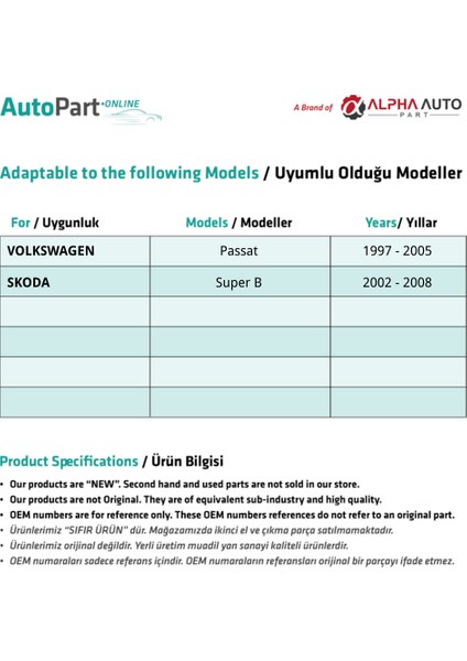 Alpha Auto Part Volkswagen Passat B5 Sağ Ön Kapı Cam Tamir Takımı