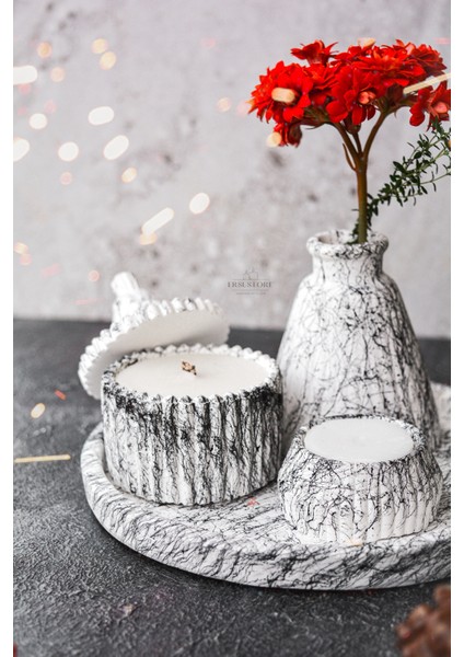 5 Parça Mermer Desen Dekoratif Beton Vazo ve Vanilya Kokulu Soya Wax Mumluk Takımı