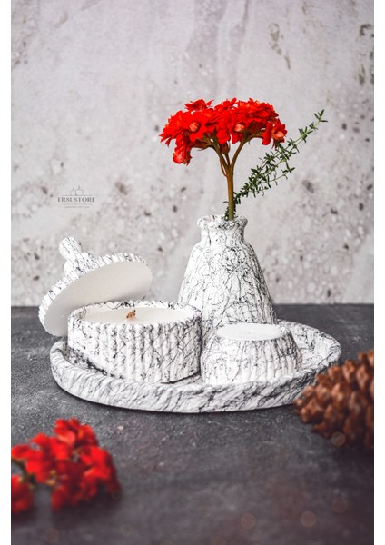 5 Parça Mermer Desen Dekoratif Beton Vazo ve Vanilya Kokulu Soya Wax Mumluk Takımı