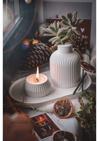 Beyaz Renk 3 Parça Tealight Vazo Tepsi Seti