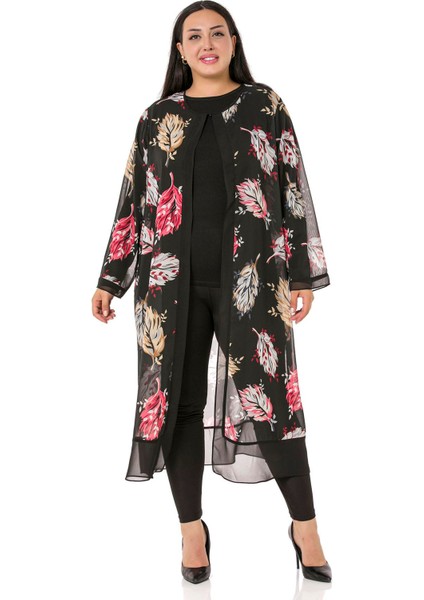 Büyük Beden Düğme Detaylı Yaprak Desenli Siyah Astarsız Şifon Ceket