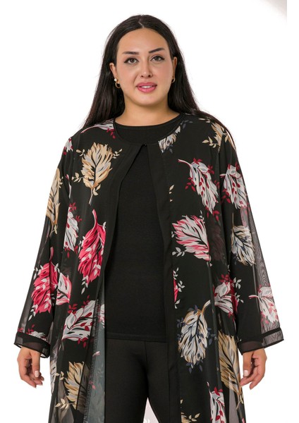 Büyük Beden Düğme Detaylı Yaprak Desenli Siyah Astarsız Şifon Ceket fiyatları