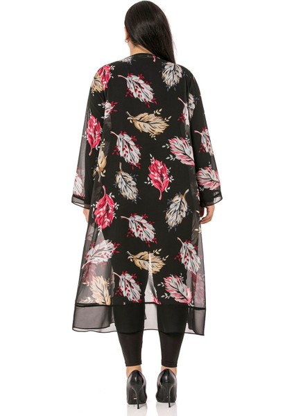 Büyük Beden Düğme Detaylı Yaprak Desenli Siyah Astarsız Şifon Ceket modelleri