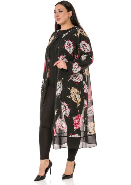 Büyük Beden Düğme Detaylı Yaprak Desenli Siyah Astarsız Şifon Ceket fırsatları