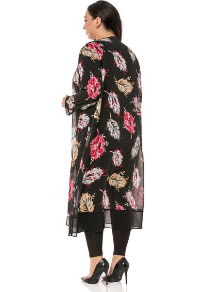 Büyük Beden Düğme Detaylı Yaprak Desenli Siyah Astarsız Şifon Ceket indirimleri