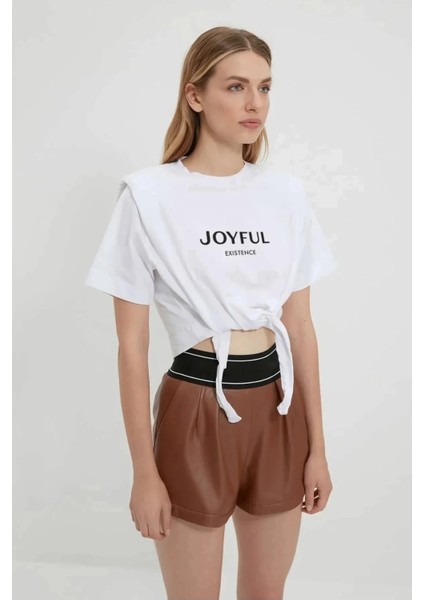 Kadın Beyaz Yazı Baskılı Oversize Vatkalı Bel Detay Örme T-Shirt HZL23S-DSB120231 fiyatları