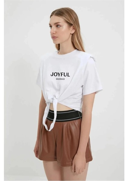 Kadın Beyaz Yazı Baskılı Oversize Vatkalı Bel Detay Örme T-Shirt HZL23S-DSB120231 modelleri