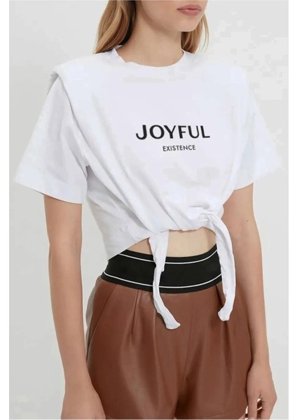 Kadın Beyaz Yazı Baskılı Oversize Vatkalı Bel Detay Örme T-Shirt HZL23S-DSB120231 fırsatları