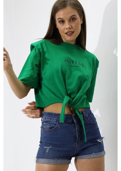Kadın Yeşil Yazı Baskılı Oversize Vatkalı Bel Detay Örme T-Shirt HZL23S-DSB120231 fiyatları