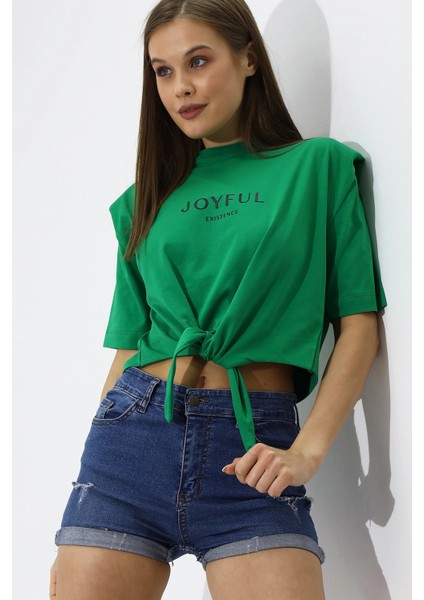 Kadın Yeşil Yazı Baskılı Oversize Vatkalı Bel Detay Örme T-Shirt HZL23S-DSB120231 modelleri