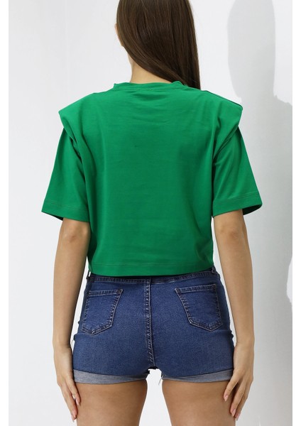 Kadın Yeşil Yazı Baskılı Oversize Vatkalı Bel Detay Örme T-Shirt HZL23S-DSB120231 indirimleri