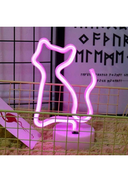 Neon LED Işıklı Pembe Kedi Masa Lambası