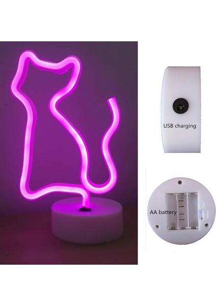 Neon LED Işıklı Pembe Kedi Masa Lambası