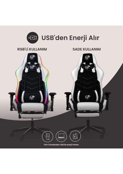 GC3001BW Masaj Yastıklı, Rgb LED Işıklı, 4d Kolçaklı, Ayak Destekli Profesyonel Oyuncu Koltuğu
