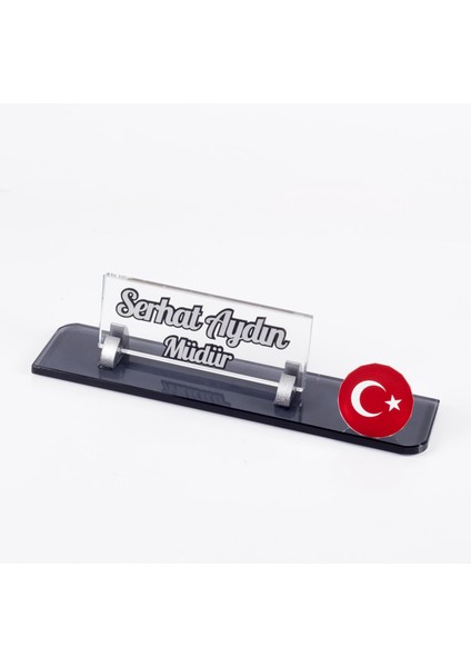 Türk Bayrağı Logolu Gümüş Maydos Masa Isimliği Kristal Ofis Masaüstü Kabartma Isimlik