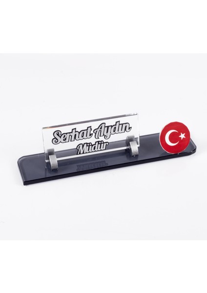Türk Bayrağı Logolu Gümüş Maydos Masa Isimliği Kristal Ofis Masaüstü Kabartma Isimlik